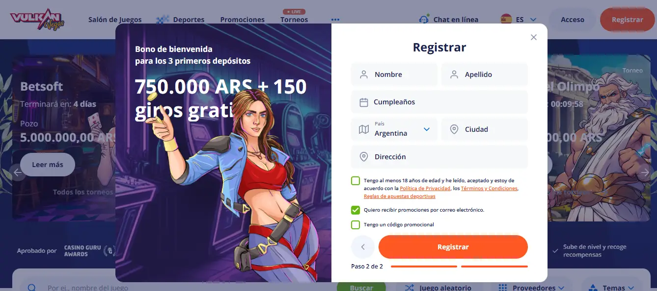 Segundo Paso Del Registro En Vulkan Vegas Background Image