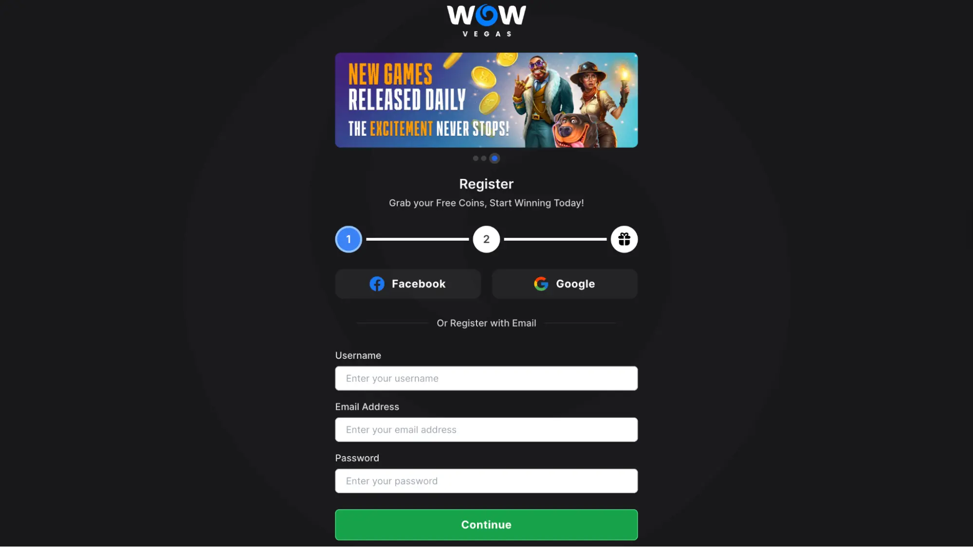 Wow Vegas Register Step 1 Background Image