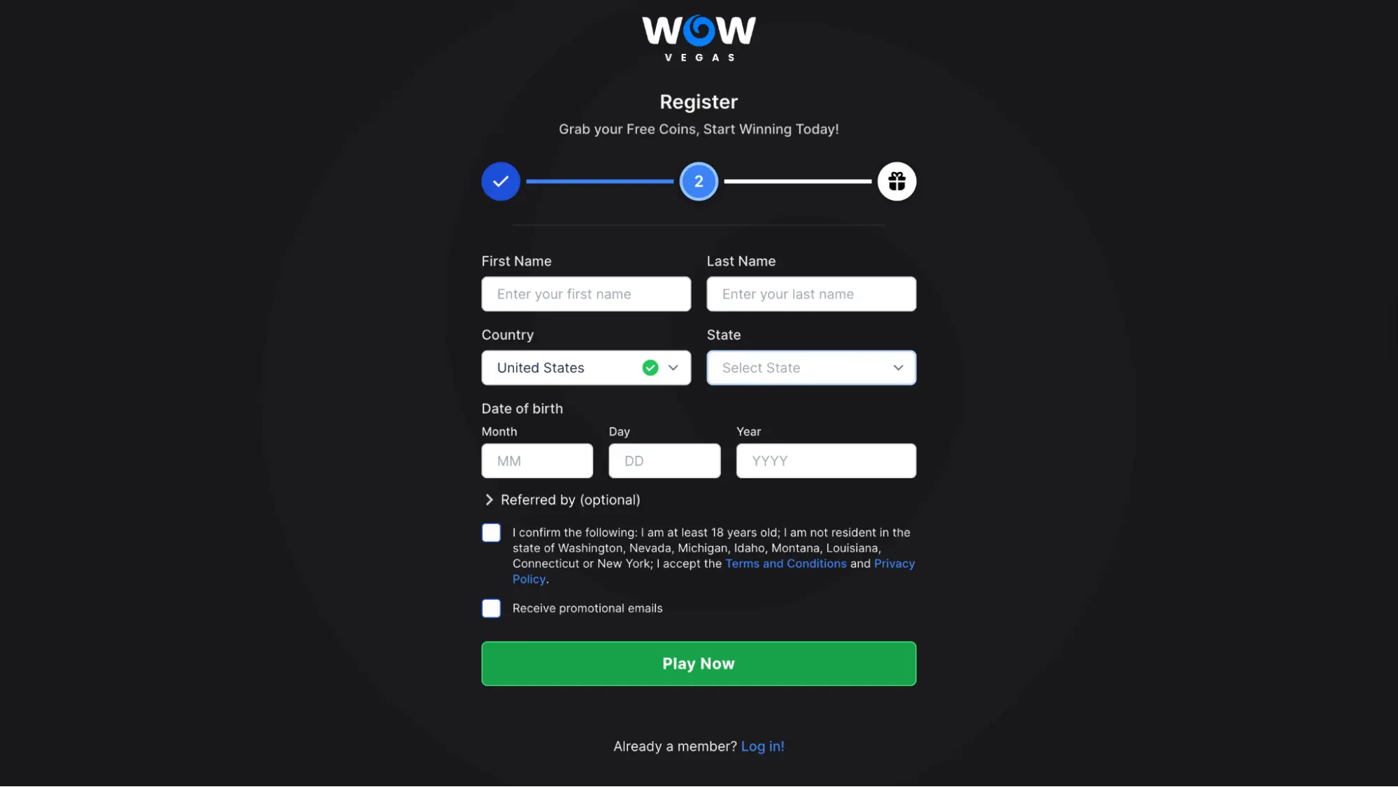 Wow Vegas Register Step 2 Background Image