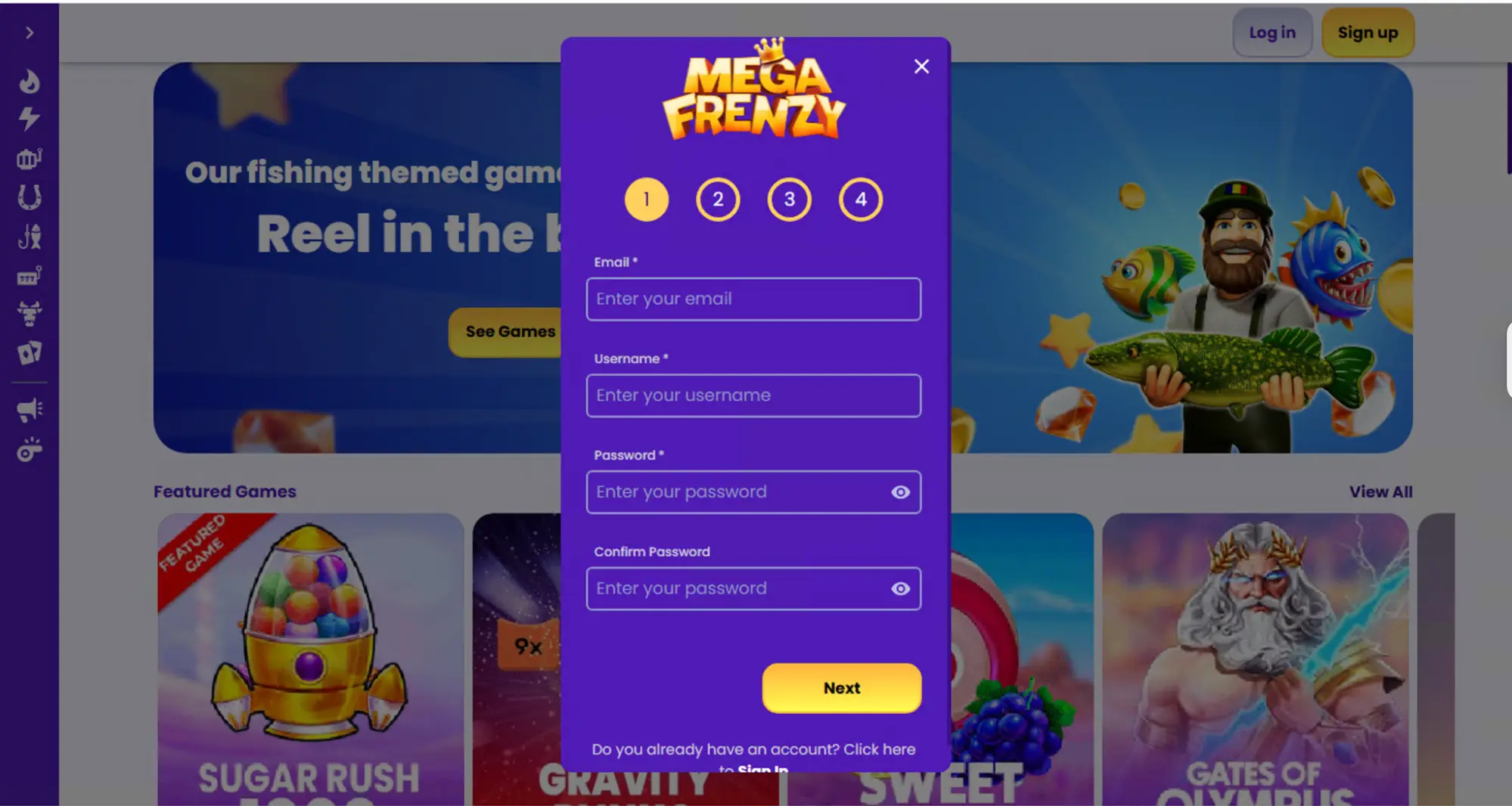 Megafrenzy Casino Sign Up Step 1 Background Image