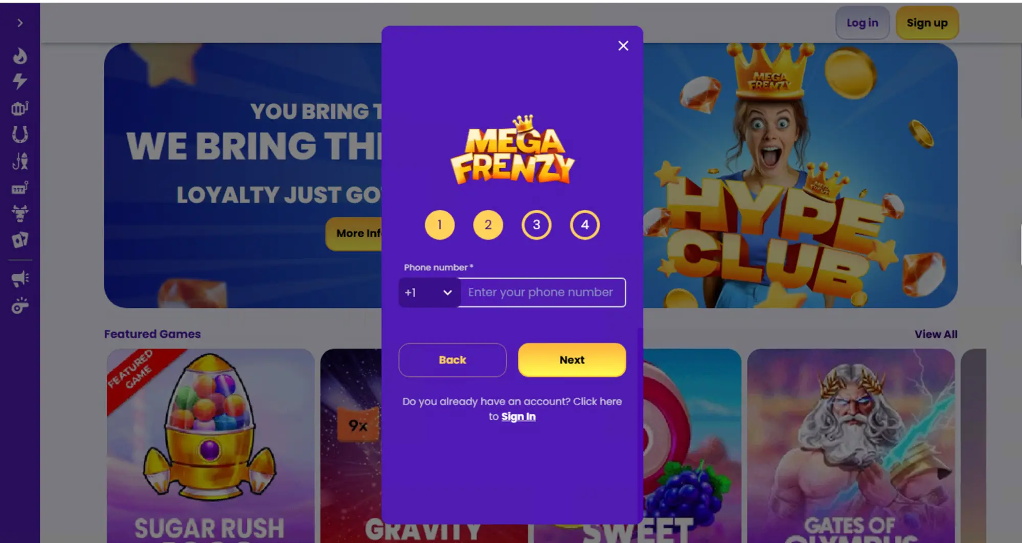 Megafrenzy Casino Sign Up Step 2 Background Image