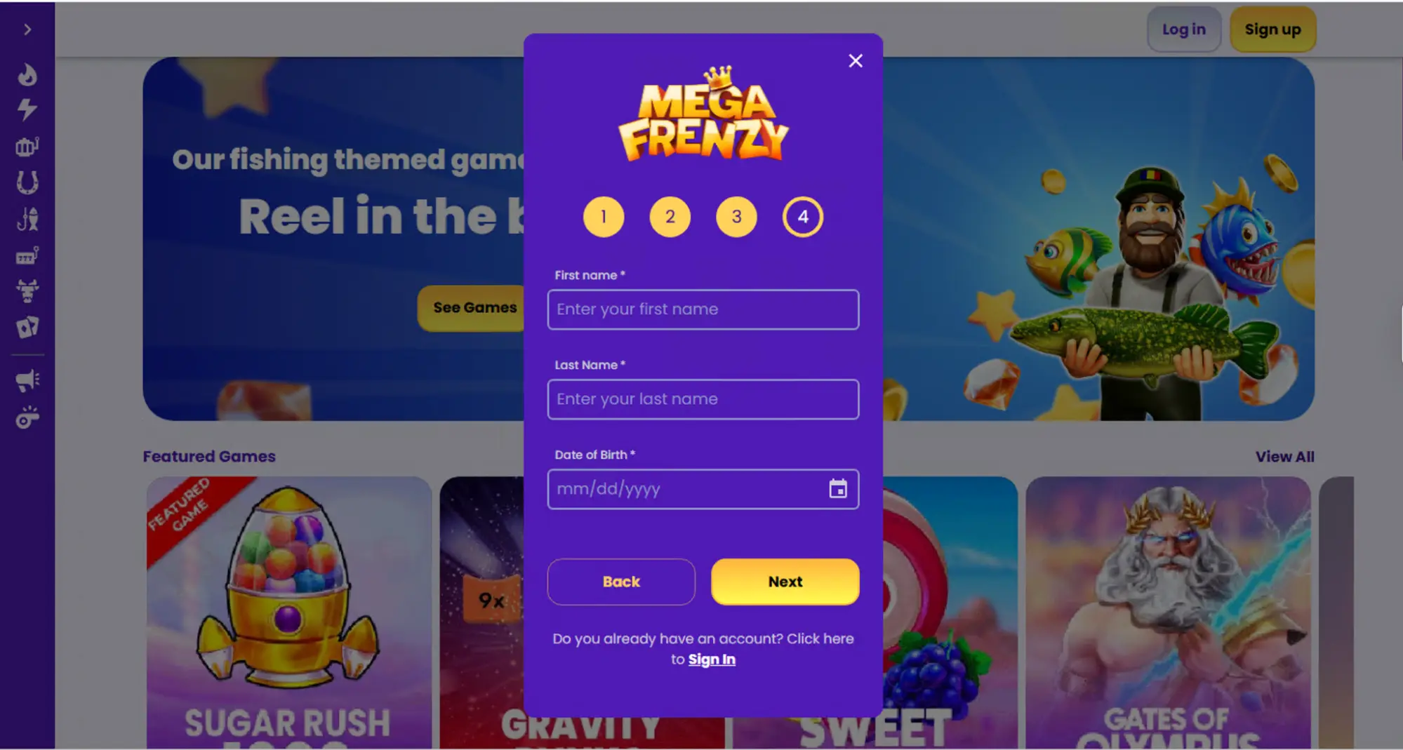 Megafrenzy Casino Sign Up Step 3 Background Image