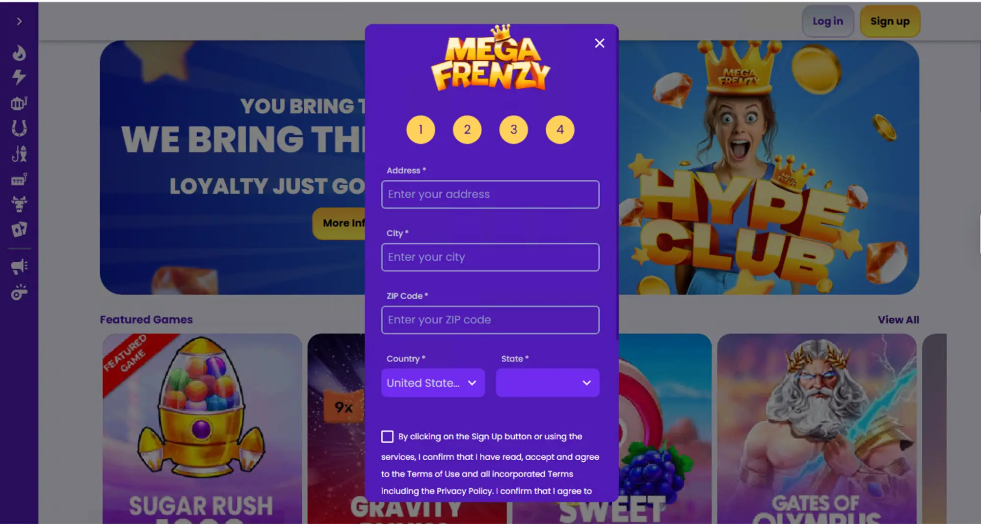 Megafrenzy Casino Sign Up Step 4 Background Image