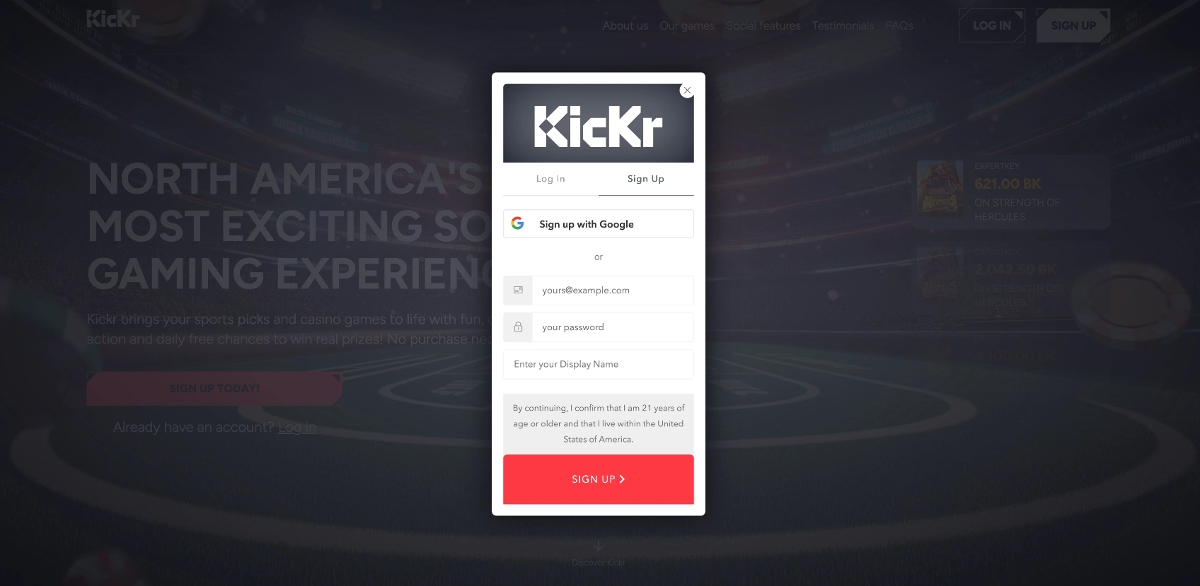 Kickr Casino Sign Up Background Image