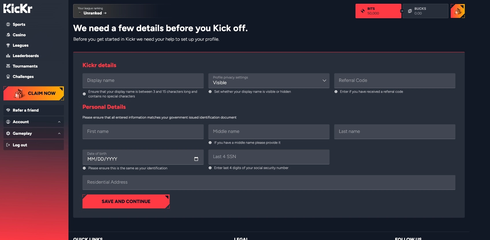 Kickr Casino Account Details Background Image
