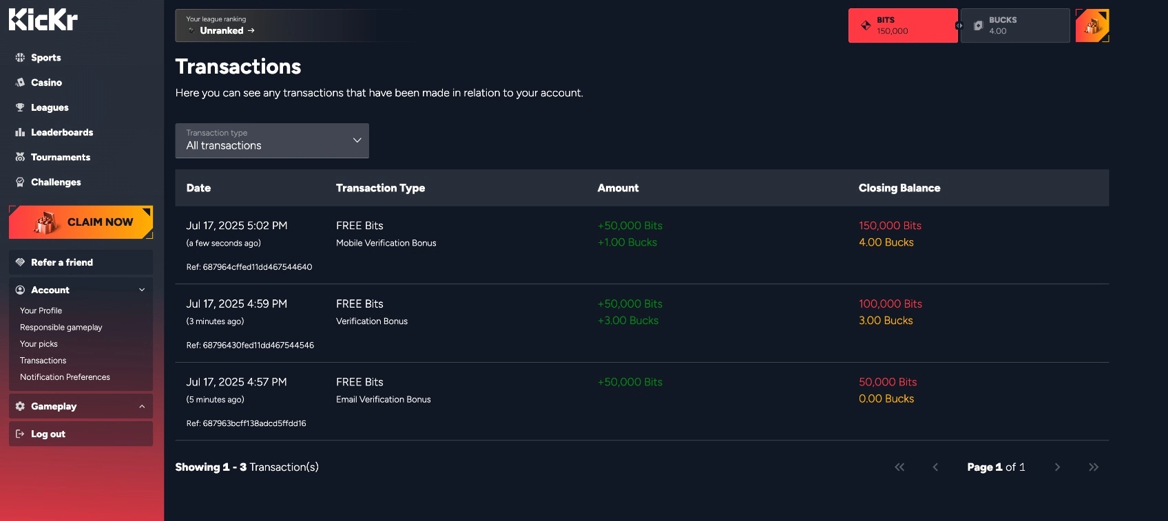 Kickr Casino Claimed Transactions Background Image