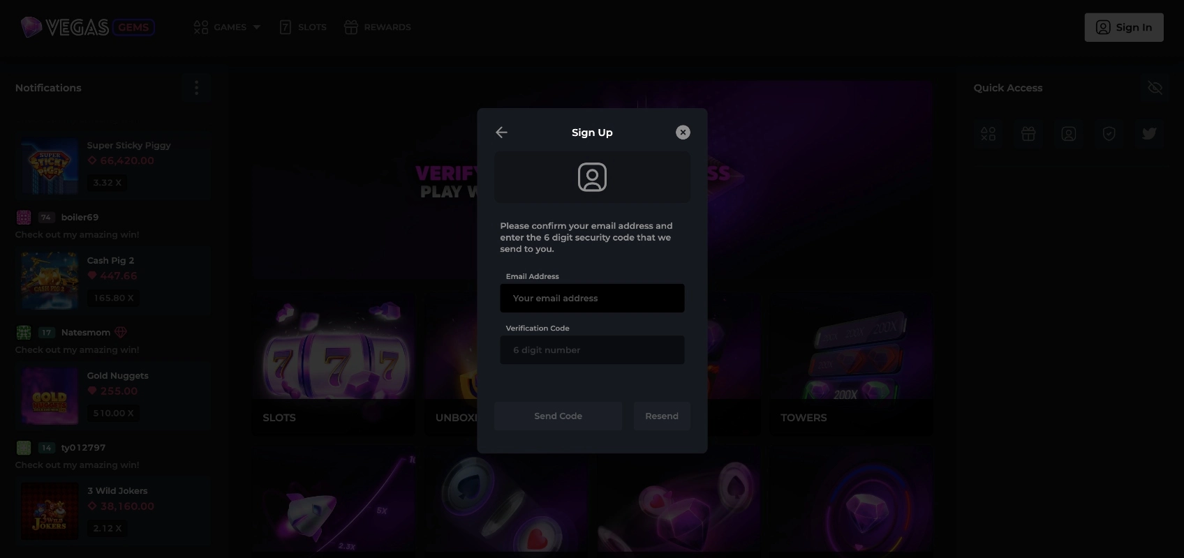 Vegas Gems Sign Up Background Image