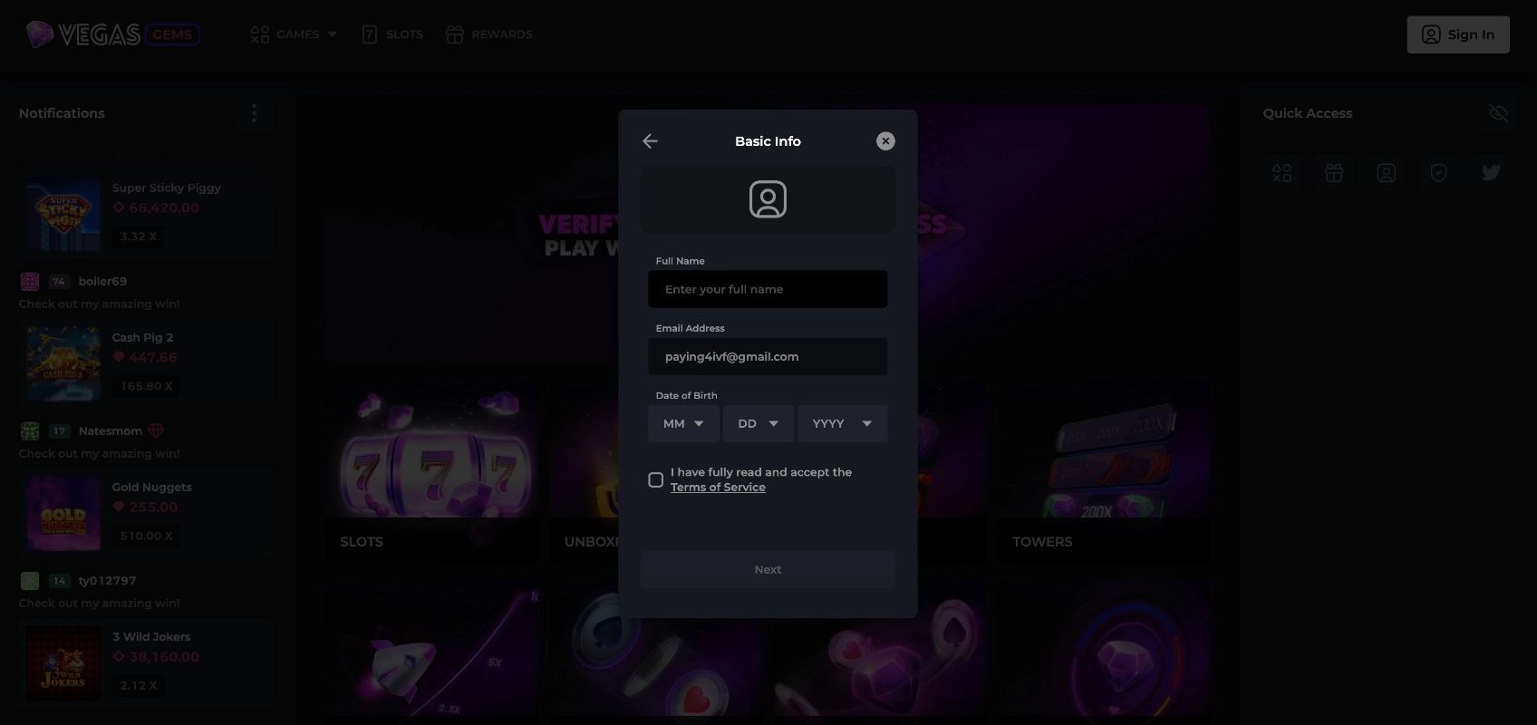 Vegas Gems Sign Up Process Background Image