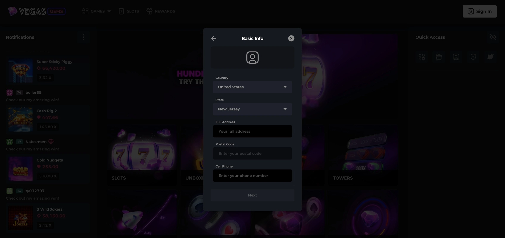 Vegas Gems Sign Up Steps Background Image