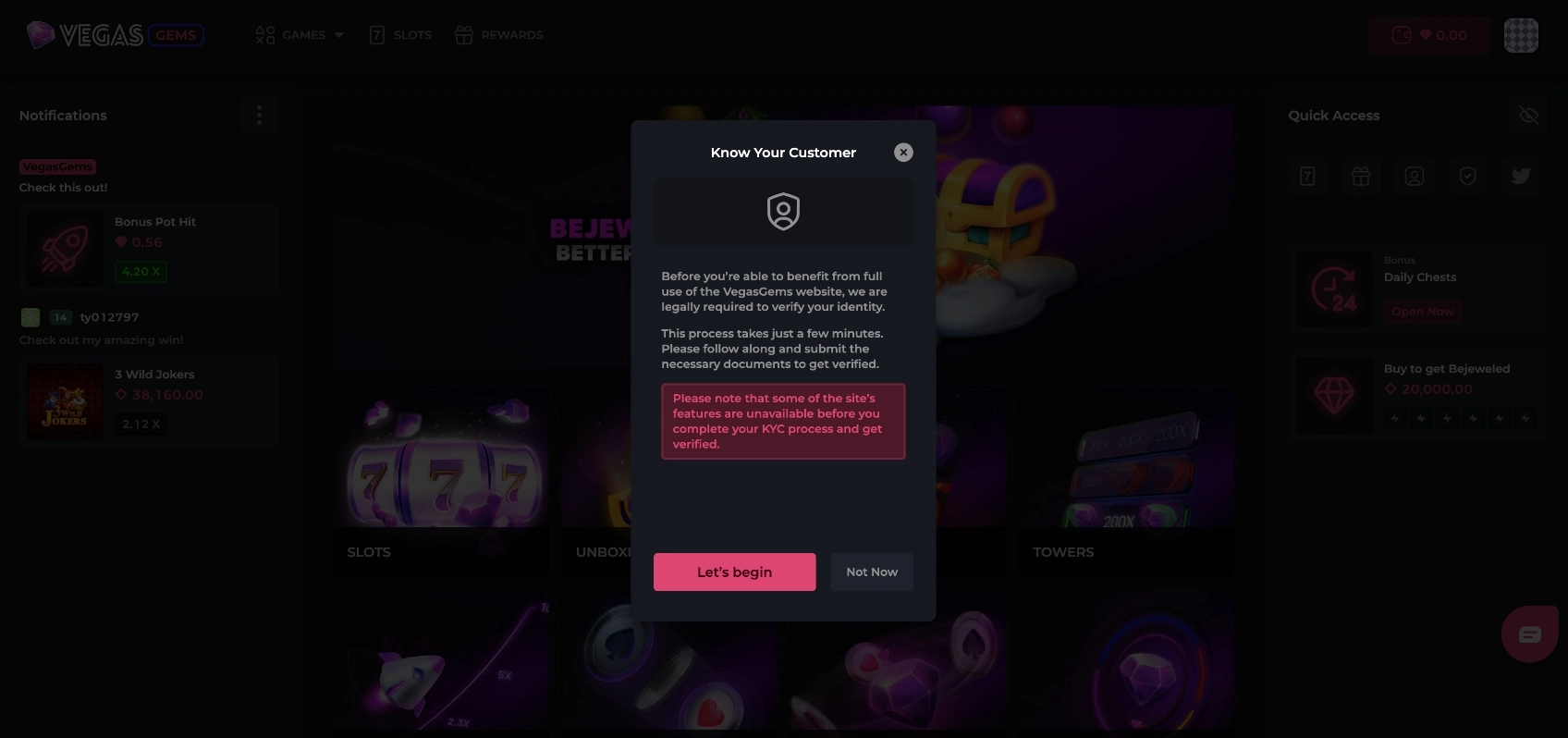 Vegas Gems Know Your Customer Background Image