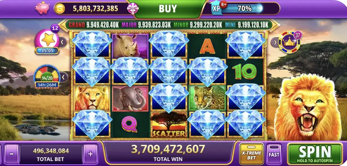 Safari Slot Game With Diamonds And Animals Showing A Big Win. Background Image