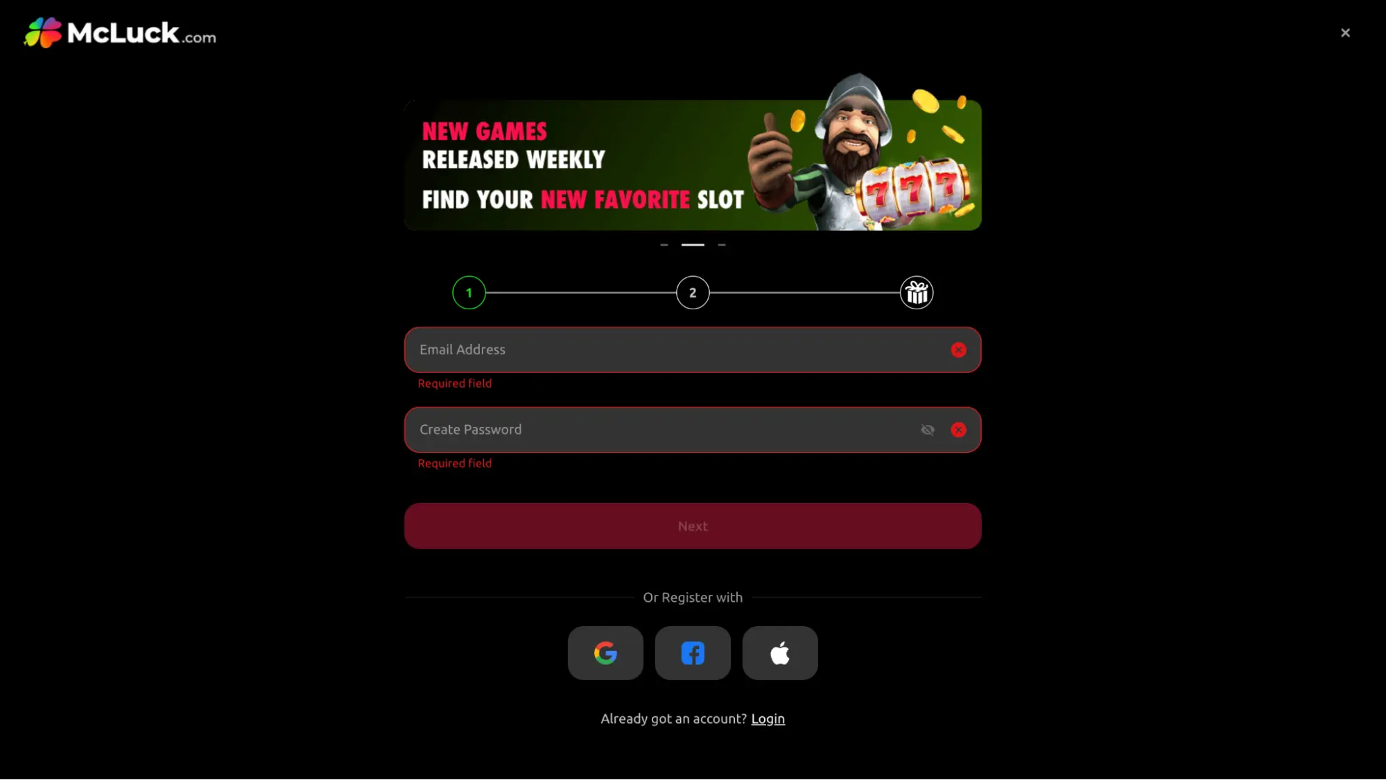McLuck Casino Registration Step Background Image