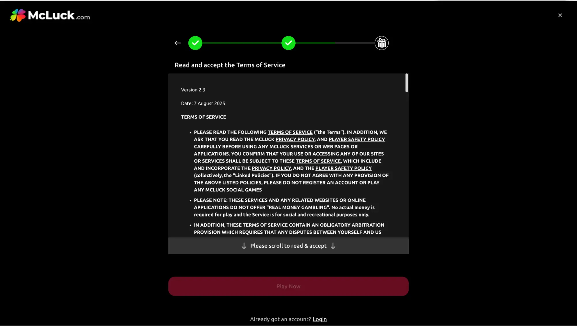 McLuck Casino Registration Step 2 Background Image