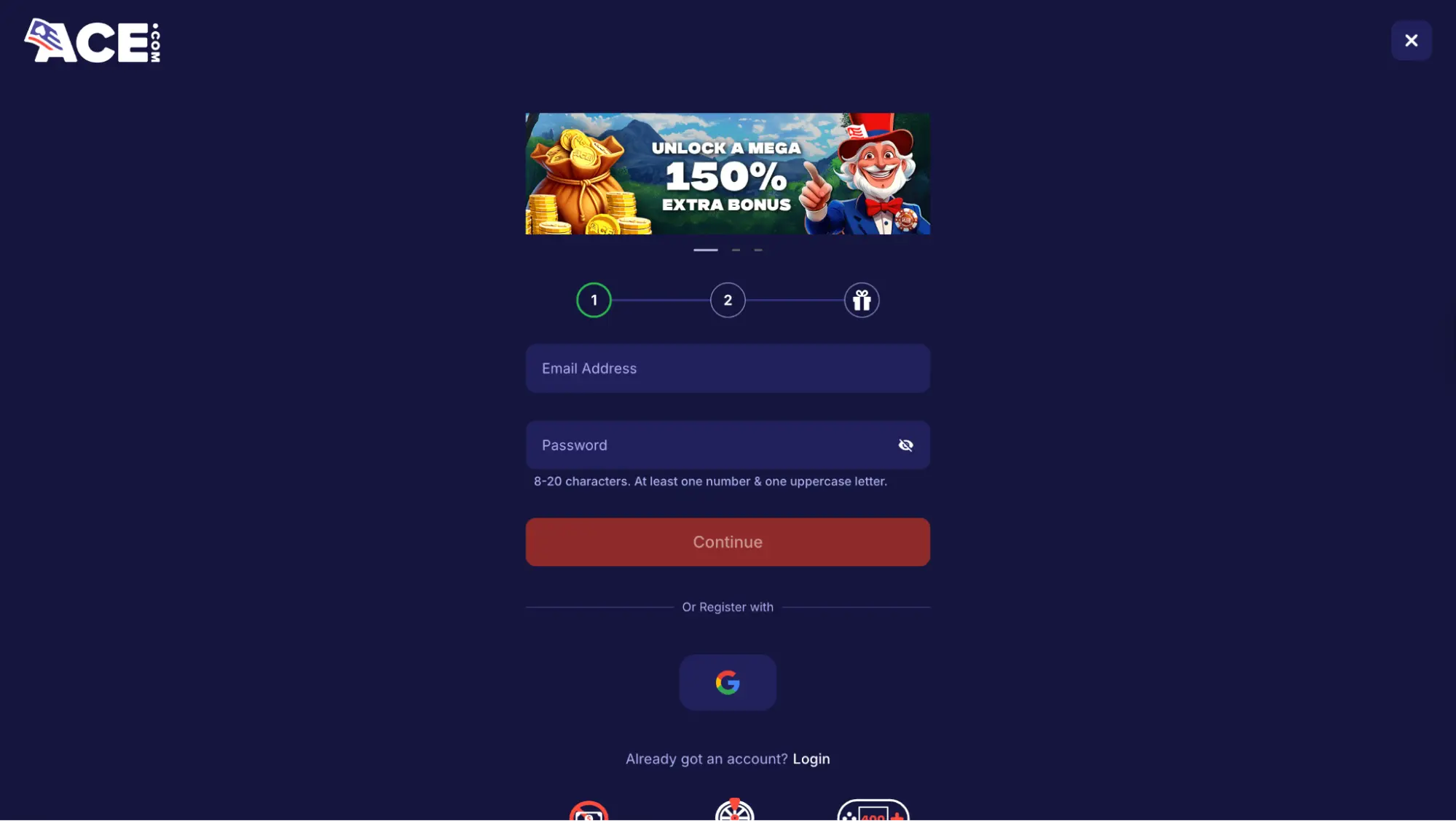 Ace Casino Registration Background Image