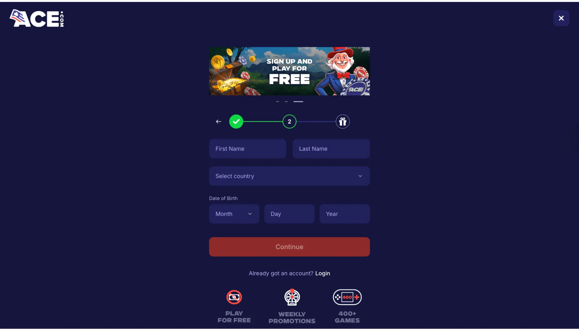 Ace Casino Registration Steps Background Image