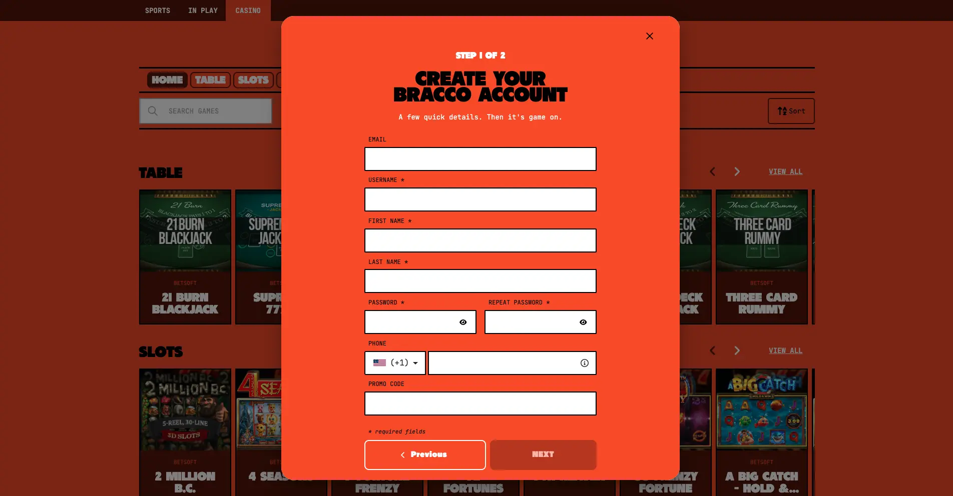 Bracco Casino Create Your Account Background Image