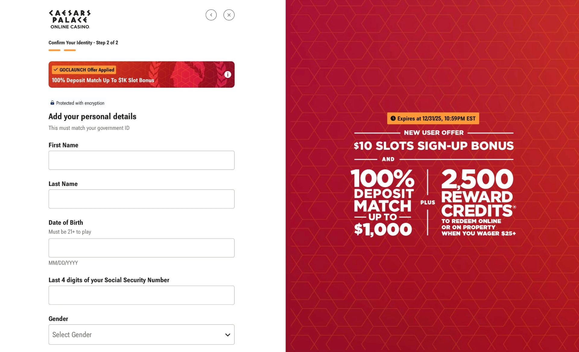 Caesars Palace Registration Step 2 Background Image