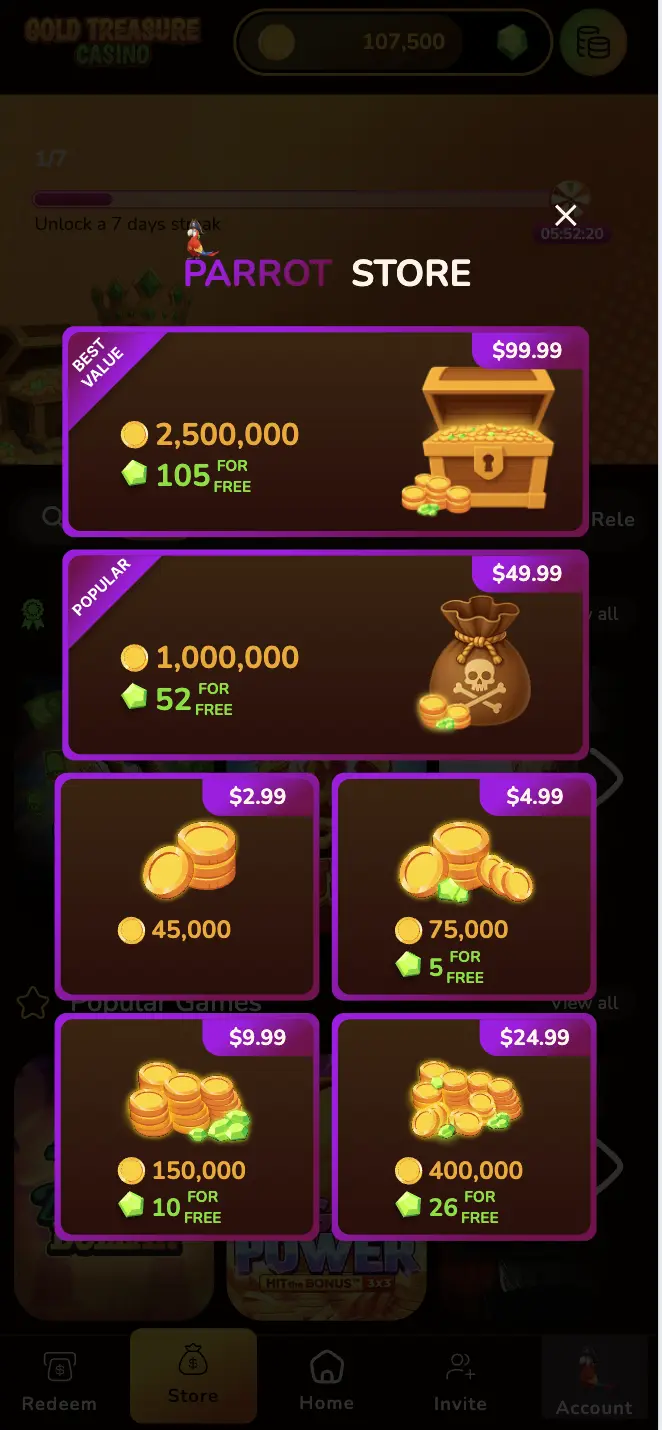 Gold Treasure Casino Parrot Store Background Image