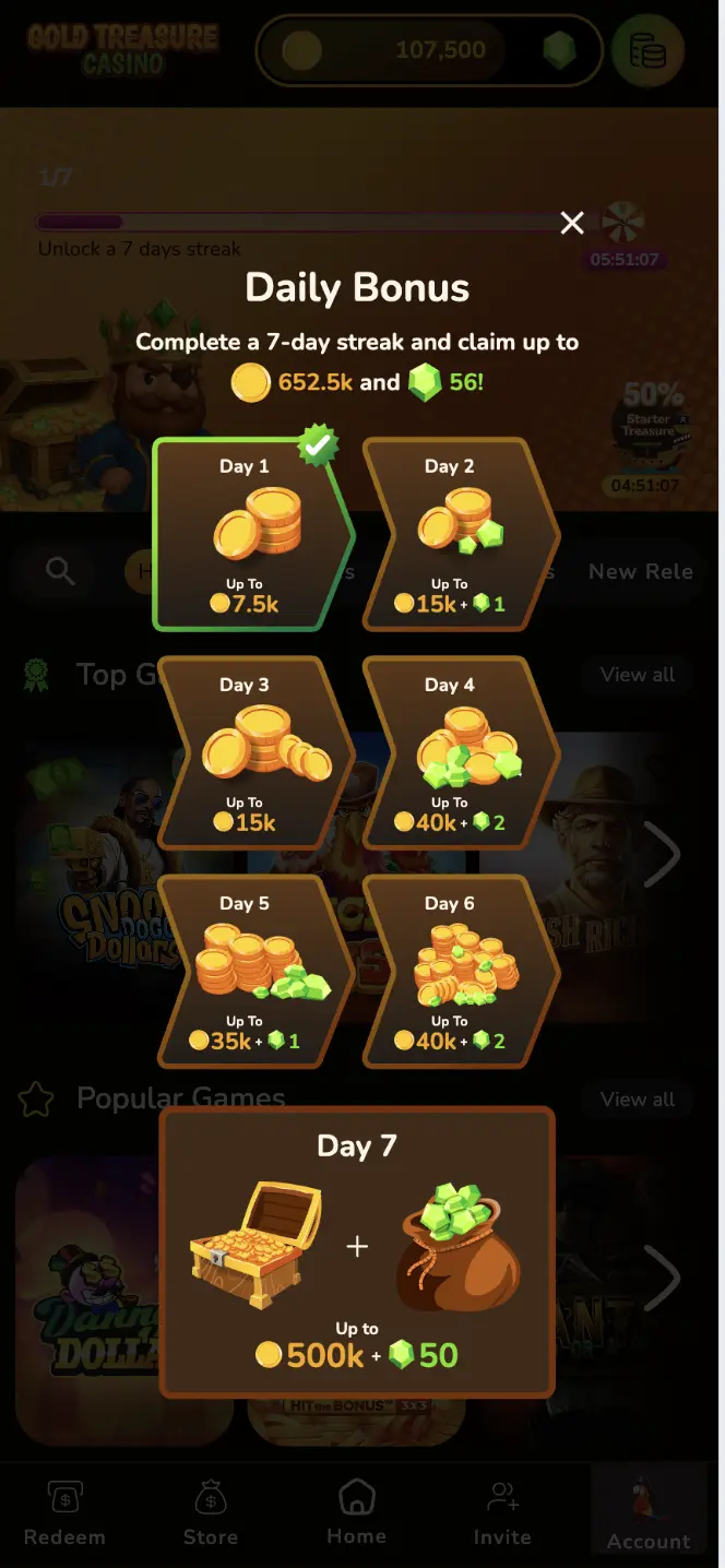 Gold Treasure Casino Daily Bonus Background Image