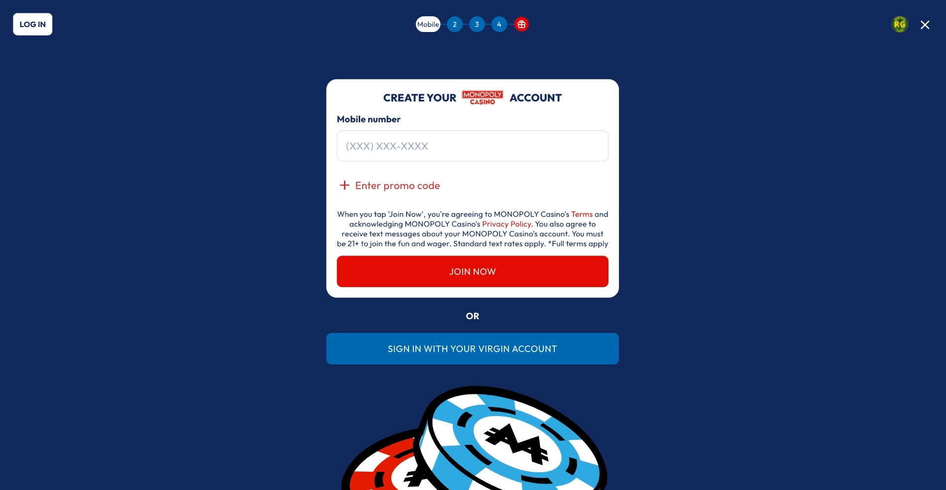 Monopoly Casino Create Your Account Background Image