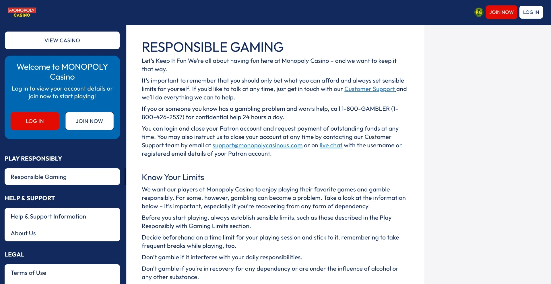 Monopoly Casino Responsible Gaming Background Image