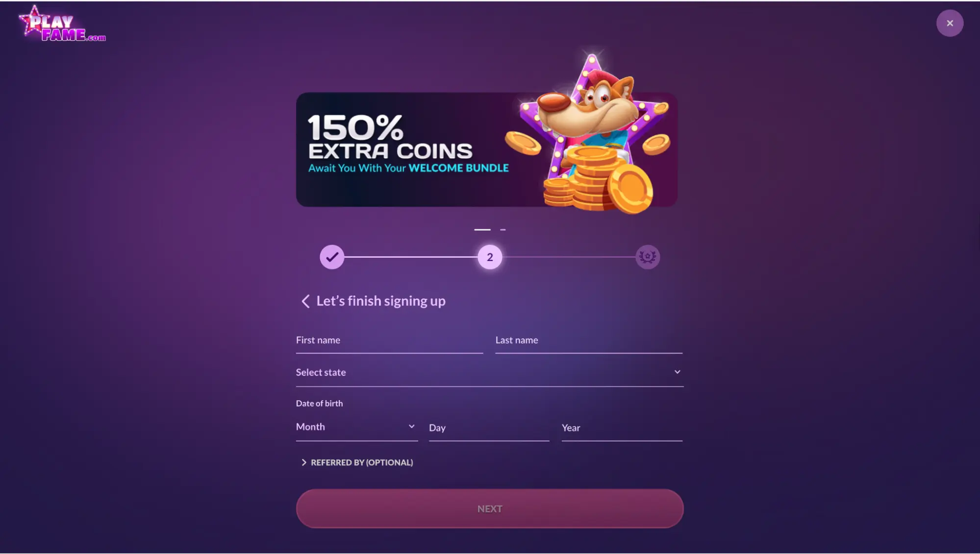 Playfame Casino Sign Up Background Image