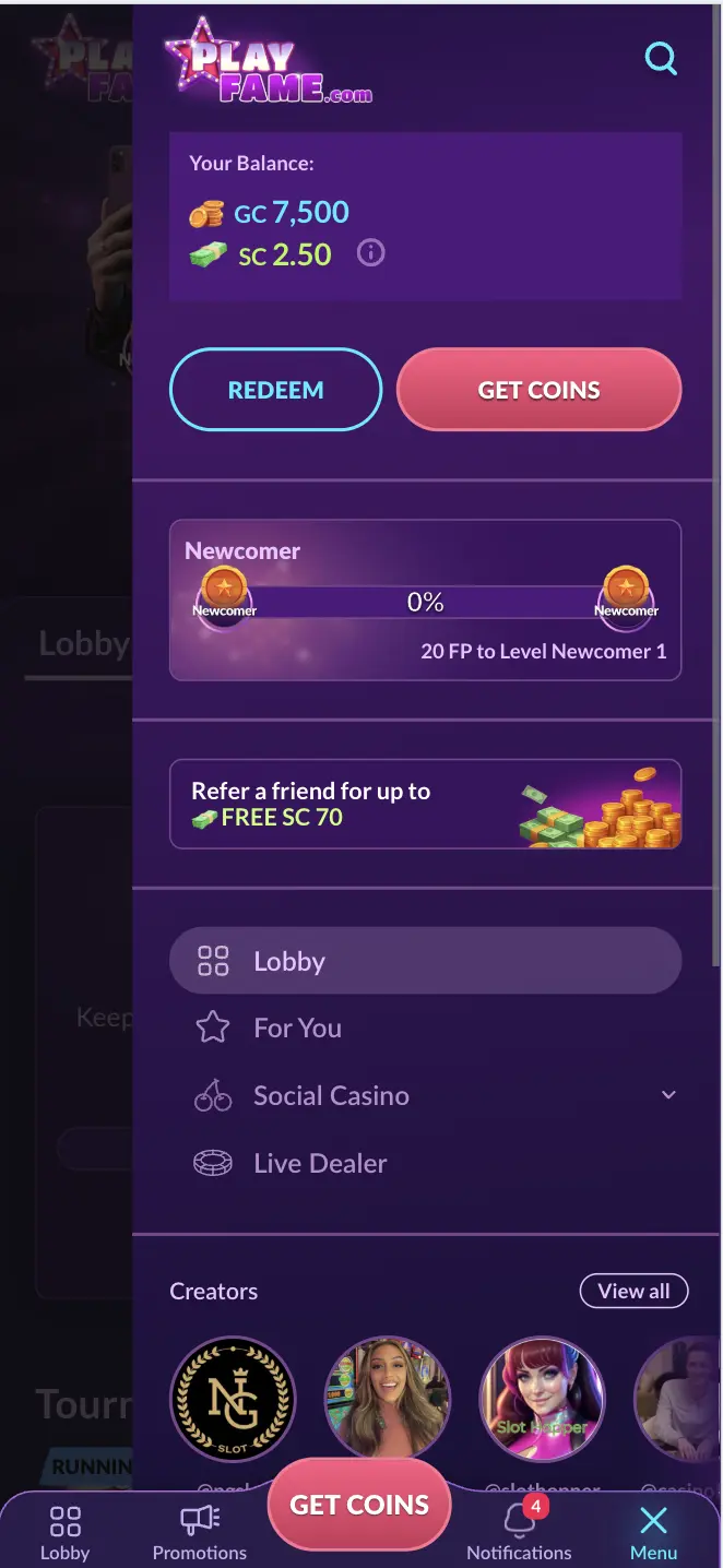 PlayFame Casino Get Coins Background Image