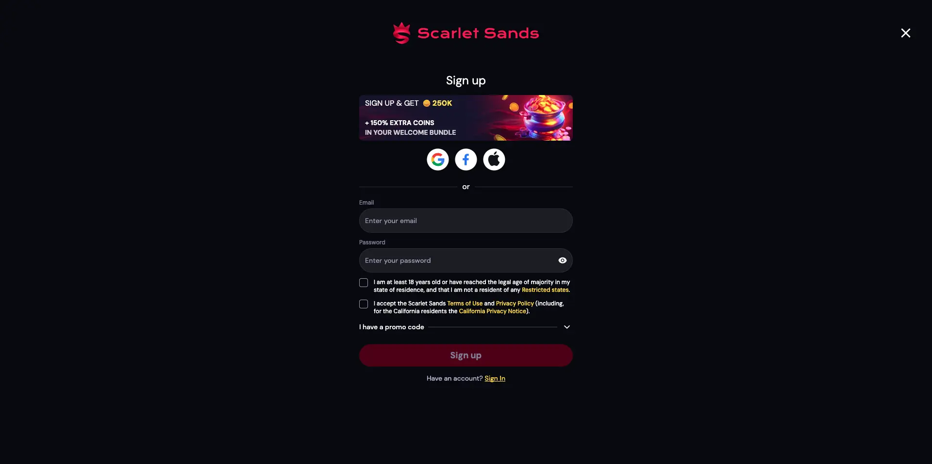 Scarlet Sands Sign Up Background Image