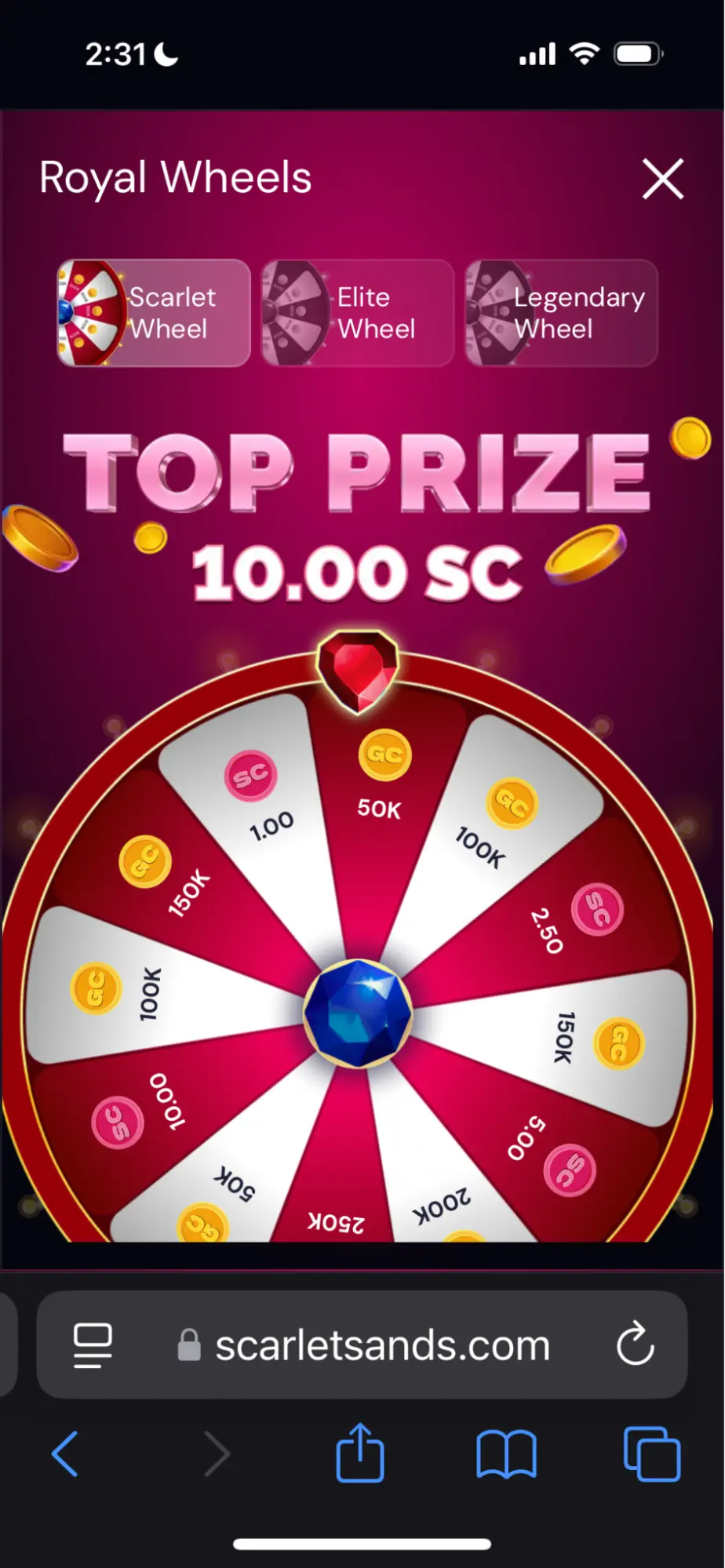 Scarlet Sands Mobile Top Prize Background Image