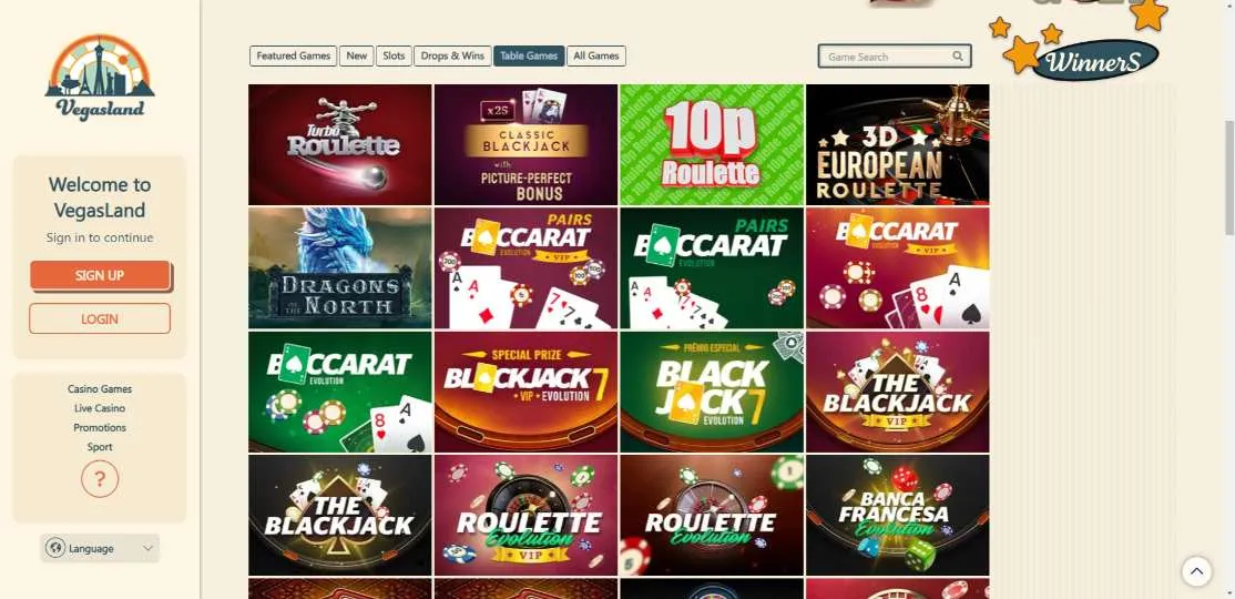 VegasLand Casino Table Games