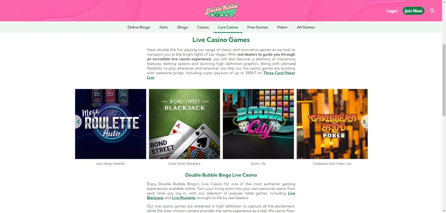 Double Bubble Bingo Casino Live Casino Games