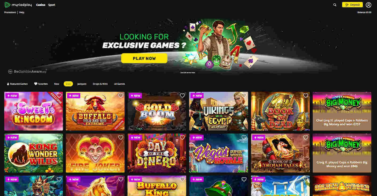 MyriadPlay Casino's Slots Selection