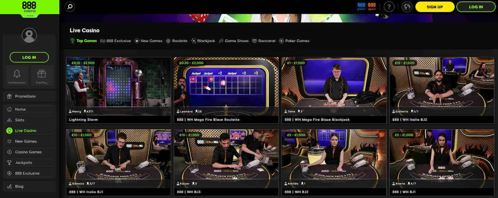 888 Casino's Live Dealer Section