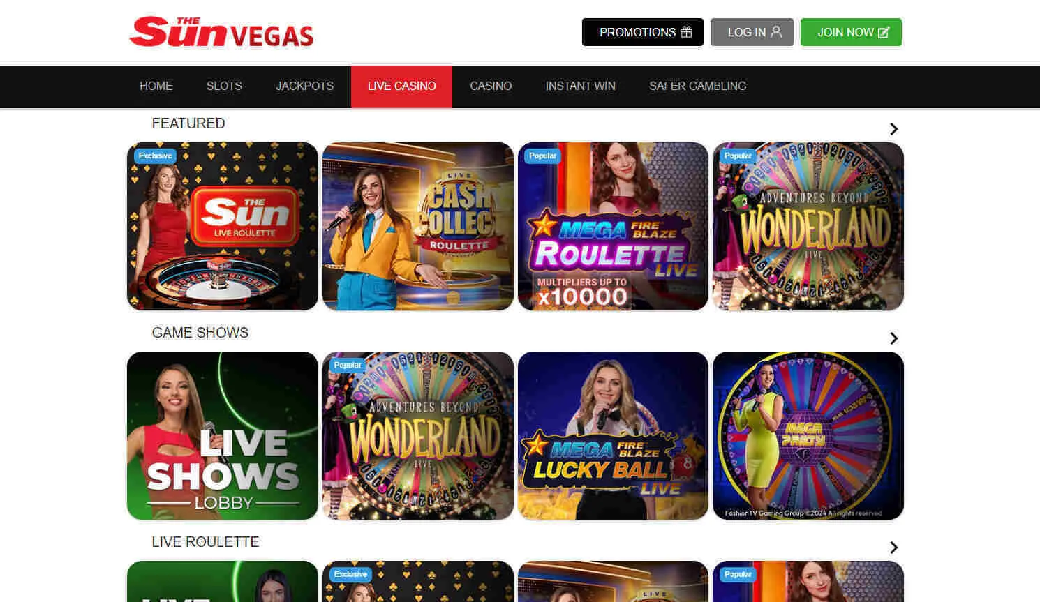 The Sun Vegas Live Casino Games