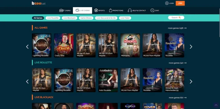 Bzeebet Live Casino Games