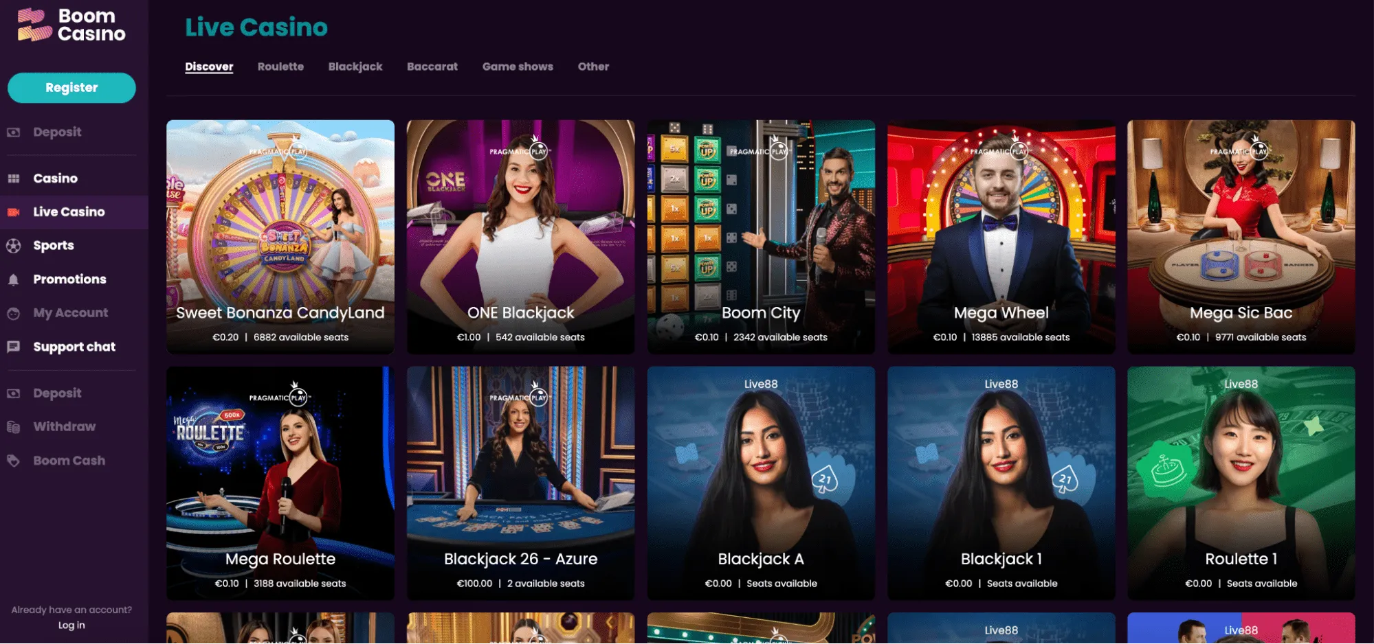 Boom Casino Live Casino Background Image