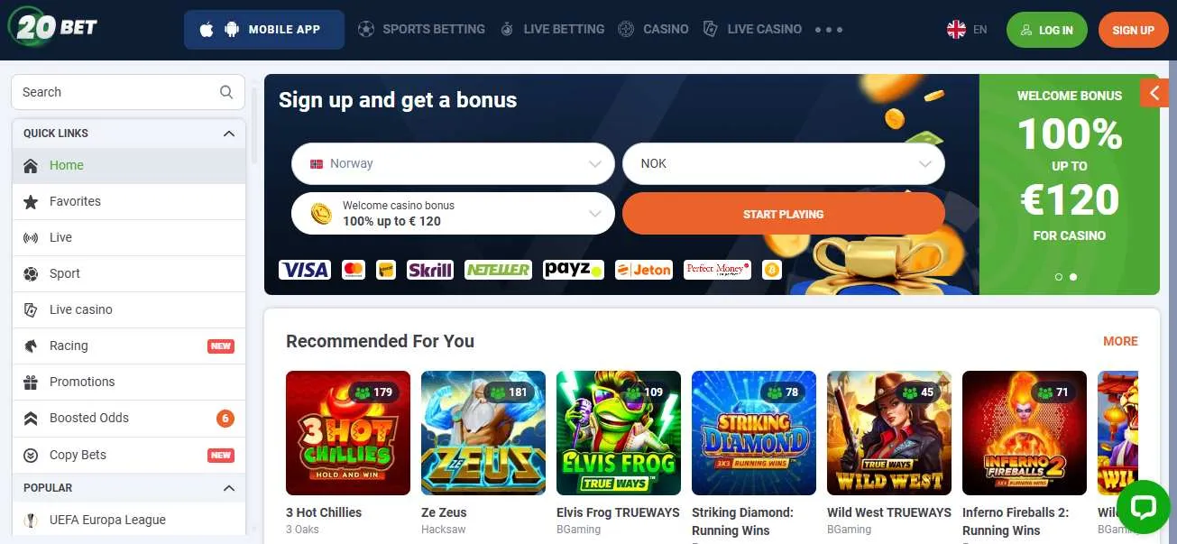 20Bet Casino Homepage