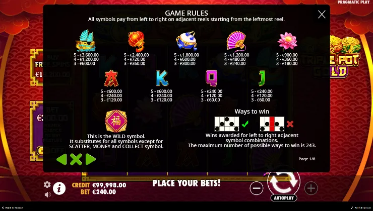 Triple Pot Gold Paytable Background Image