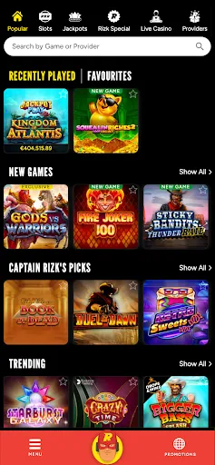 Rizk Casino Mobile Game Lobby Background Image