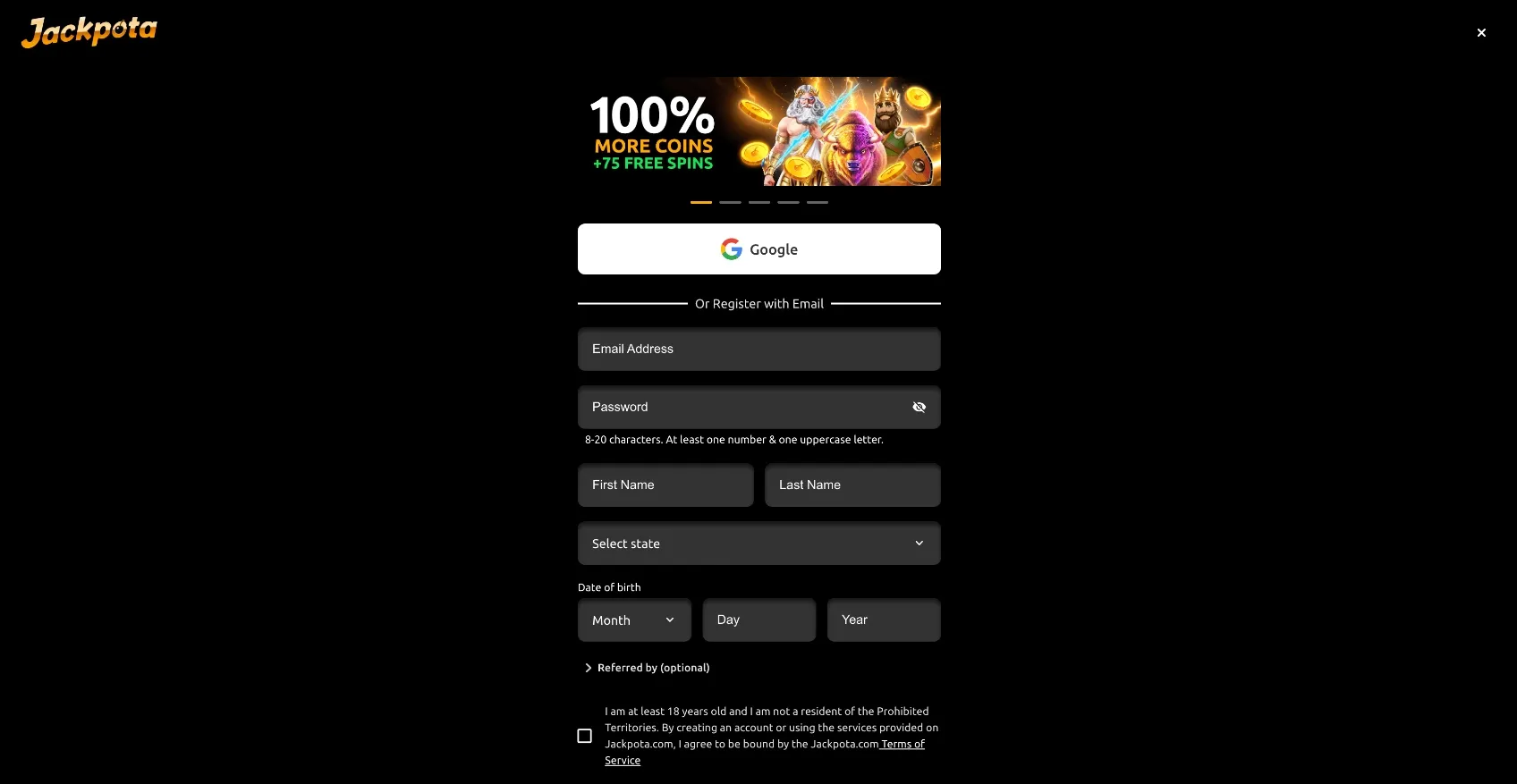 Jackpota Registration Background Image