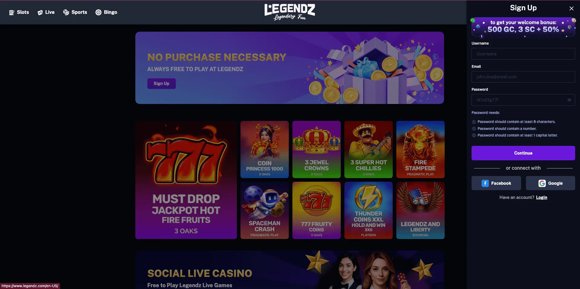 Legendz Casino Sign Up Background Image