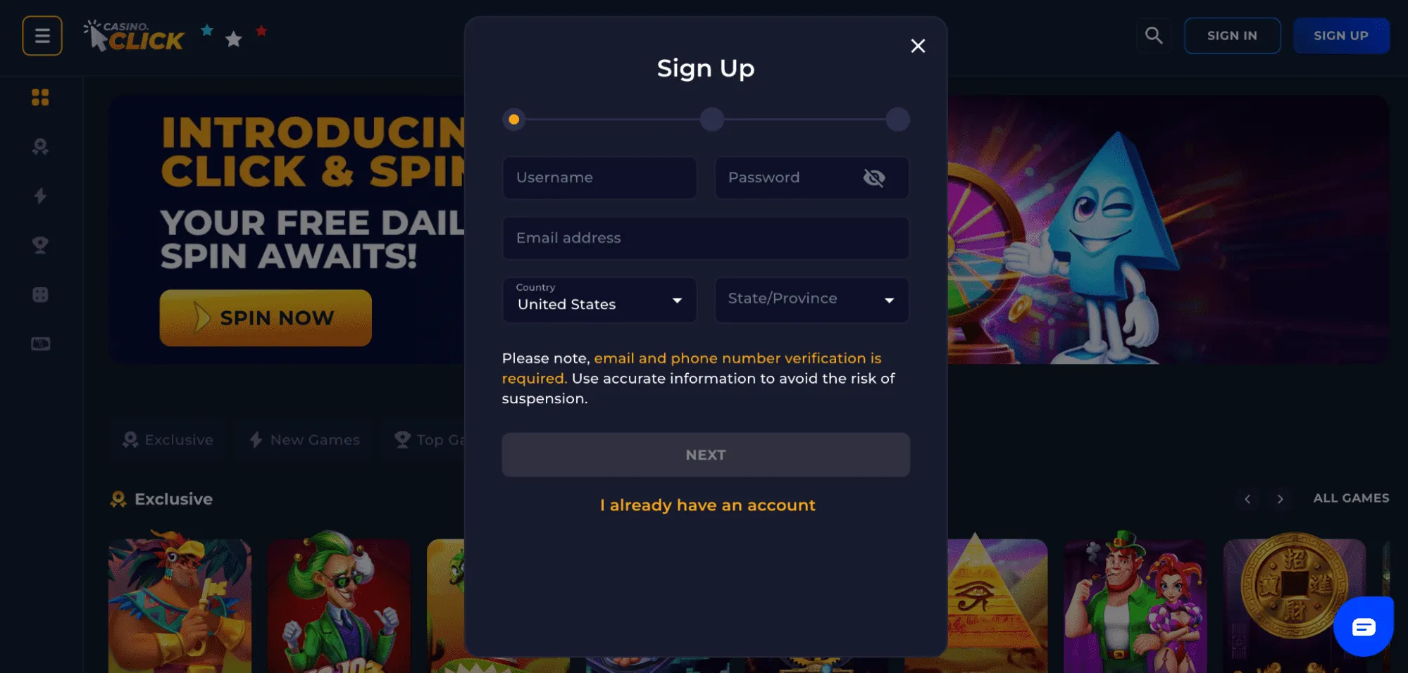Casino Click Sign Up Background Image