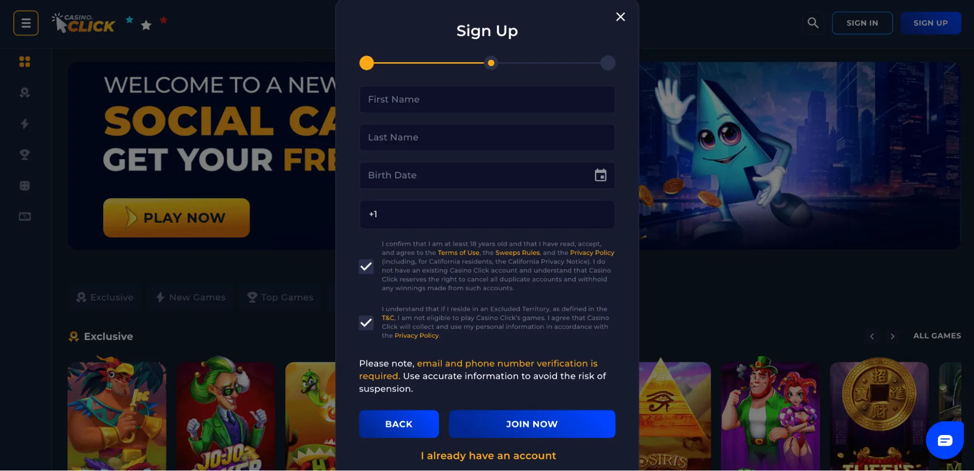 Click Casino Sign Up Step 2 Background Image