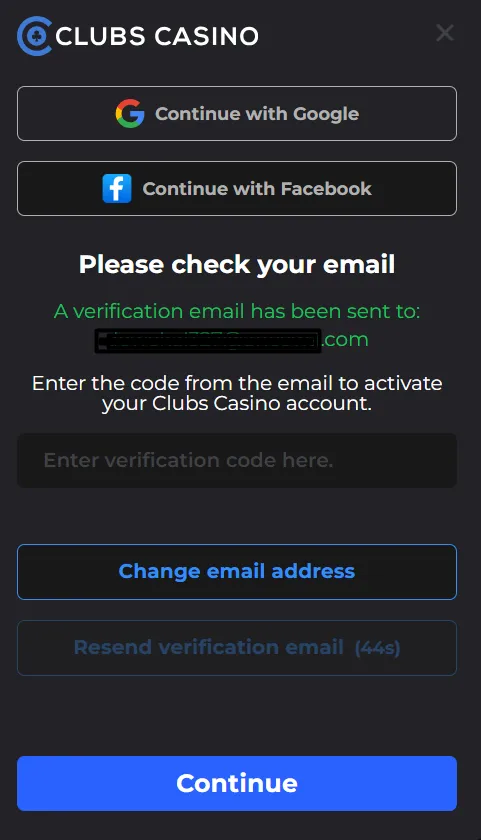 Clubs Casino Check Your Email Background Image