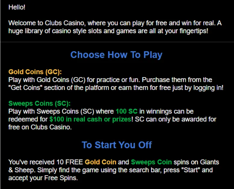 Clubs Casino Welcome Background Image