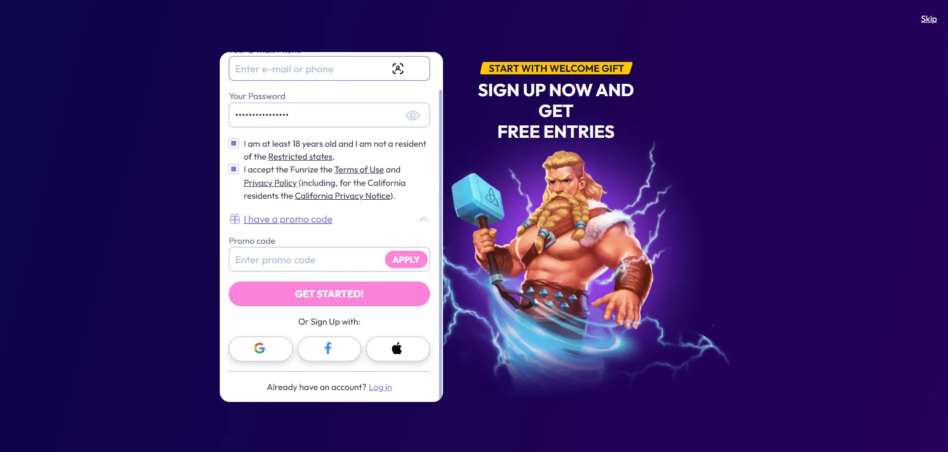 Funrize Casino Sign Up Background Image
