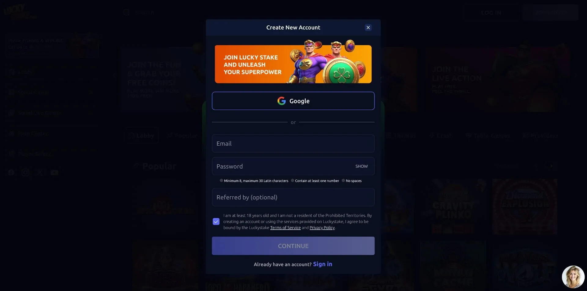 Luckystake Casino Sign Up Background Image