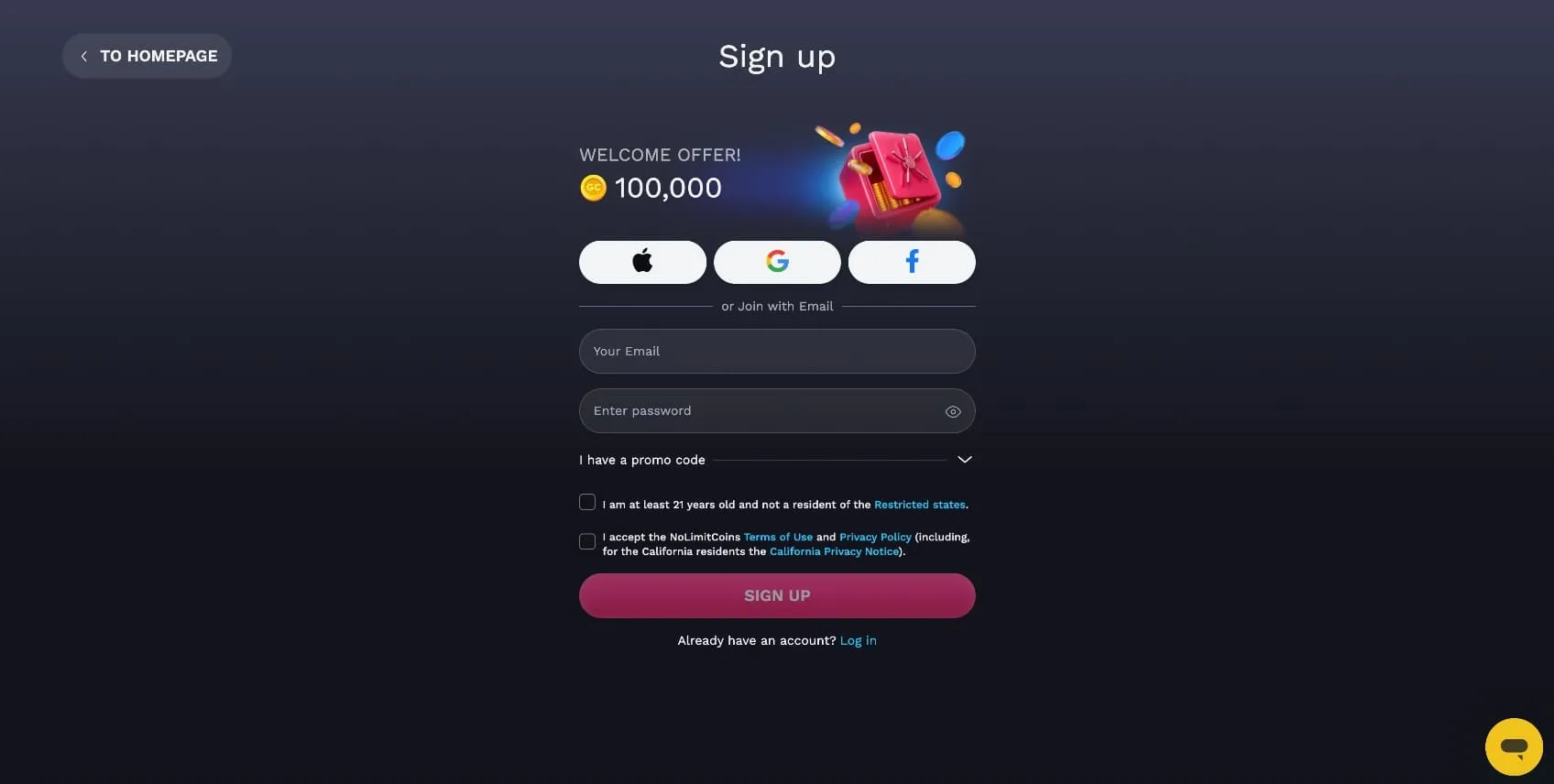 NoLimitCoins Casino Sign Up Background Image