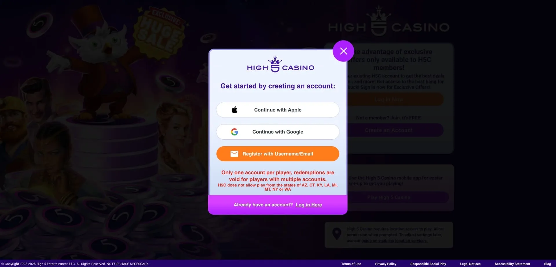 High 5 Casino Create Account Background Image