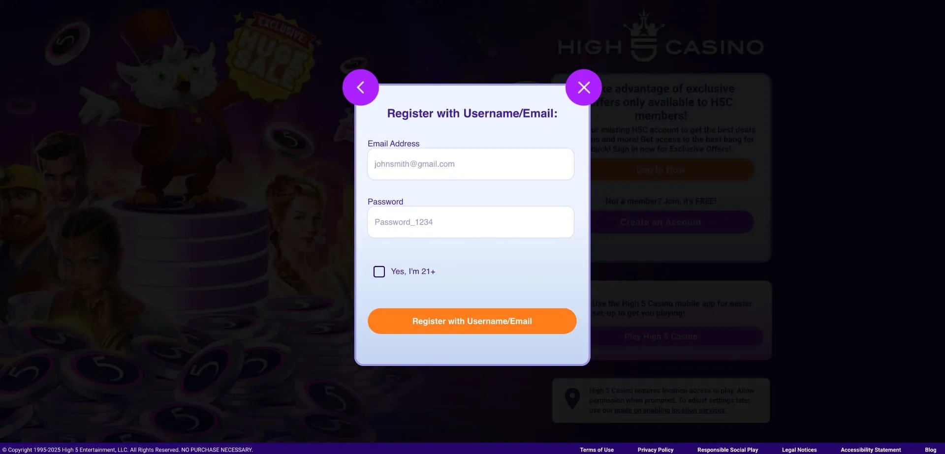 High 5 Casino Register Background Image